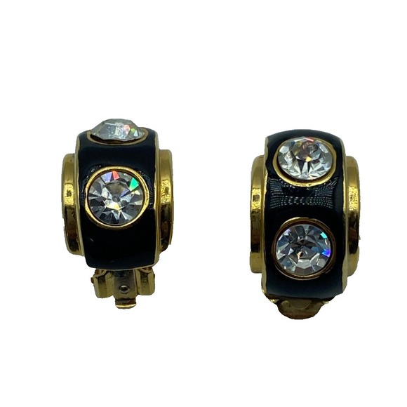 Vintage Dorlan Clip On Earrings‎ Gold Tone Black Enamel Rhinestone Domed Chunky - Picture 1 of 14